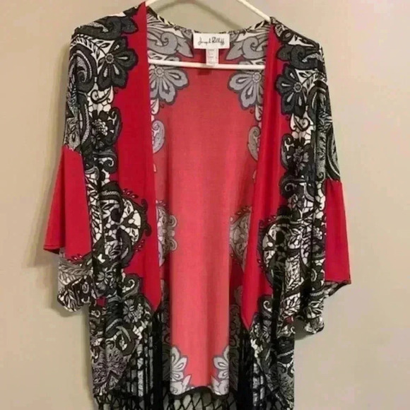 Joseph Ribkoff  red/black shawl, fringe,size 6 - Picture 4 of 6